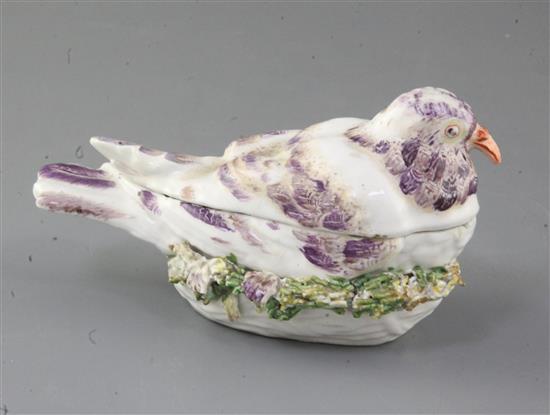 A Derby pigeon tureen and cover, c.1760, l. 17cm